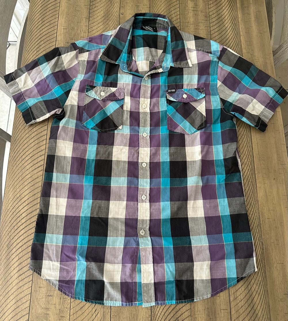 Y2K Zoo York Mens Short Sleeve Button-Down Shirt Size Large Plaid Purple Blue